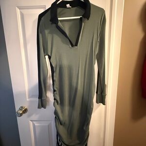 Olive Green Long-Sleeve Ribbed Polo Dress with Black Trim